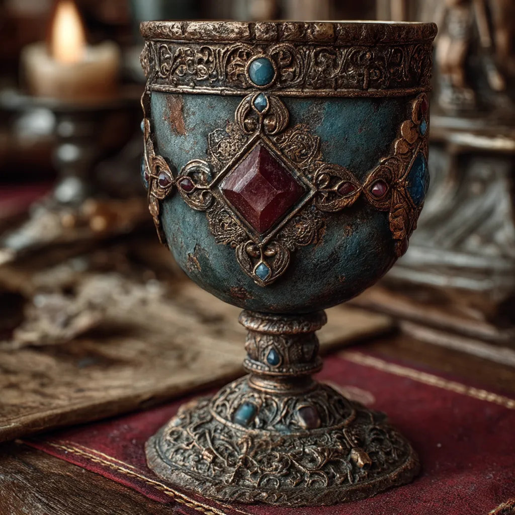 Ancient ceremonial chalice with aged silver and sacred engravings on altar setting