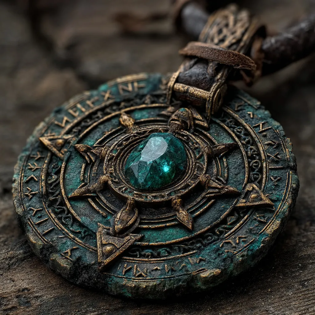 Celtic protective talisman with intricate knotwork and emerald center stone