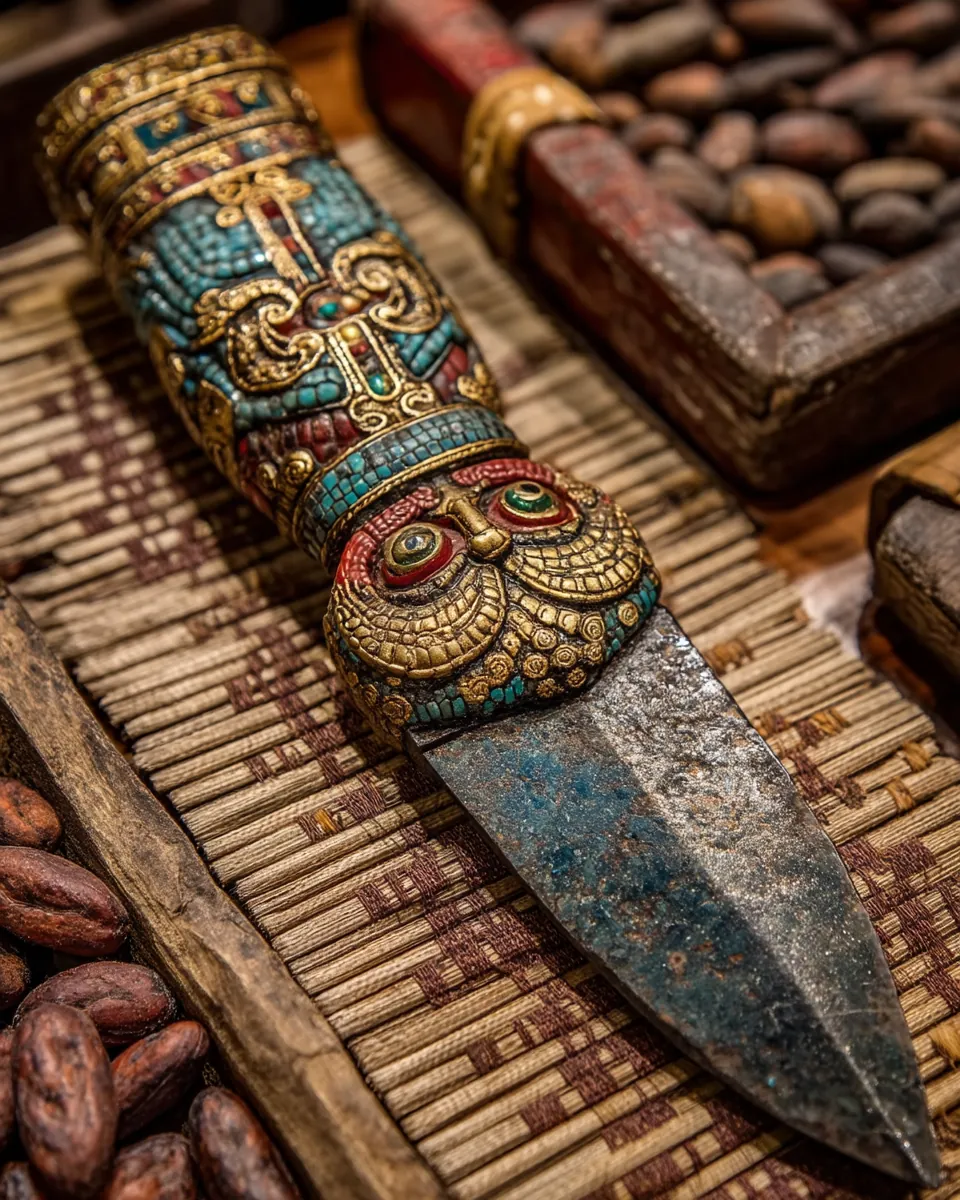 Mesoamerican ceremonial blade with feathered serpent design