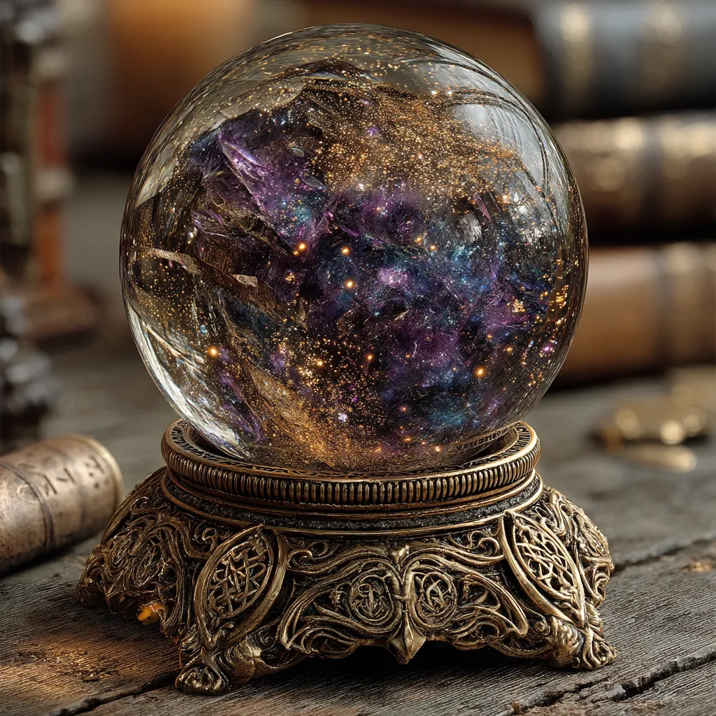 Crystal scrying ball with cosmic nebula interior and floating magical particles
