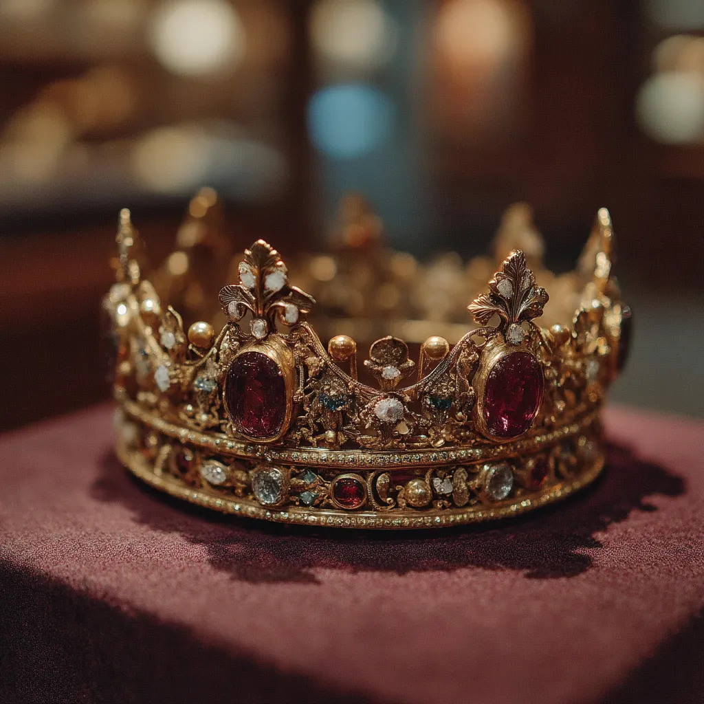 Medieval king's crown with rubies and ornate metalwork