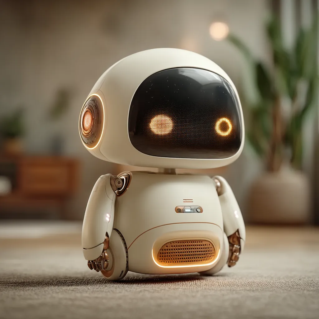 Friendly AI companion robot with expressive LED eyes and soft curves