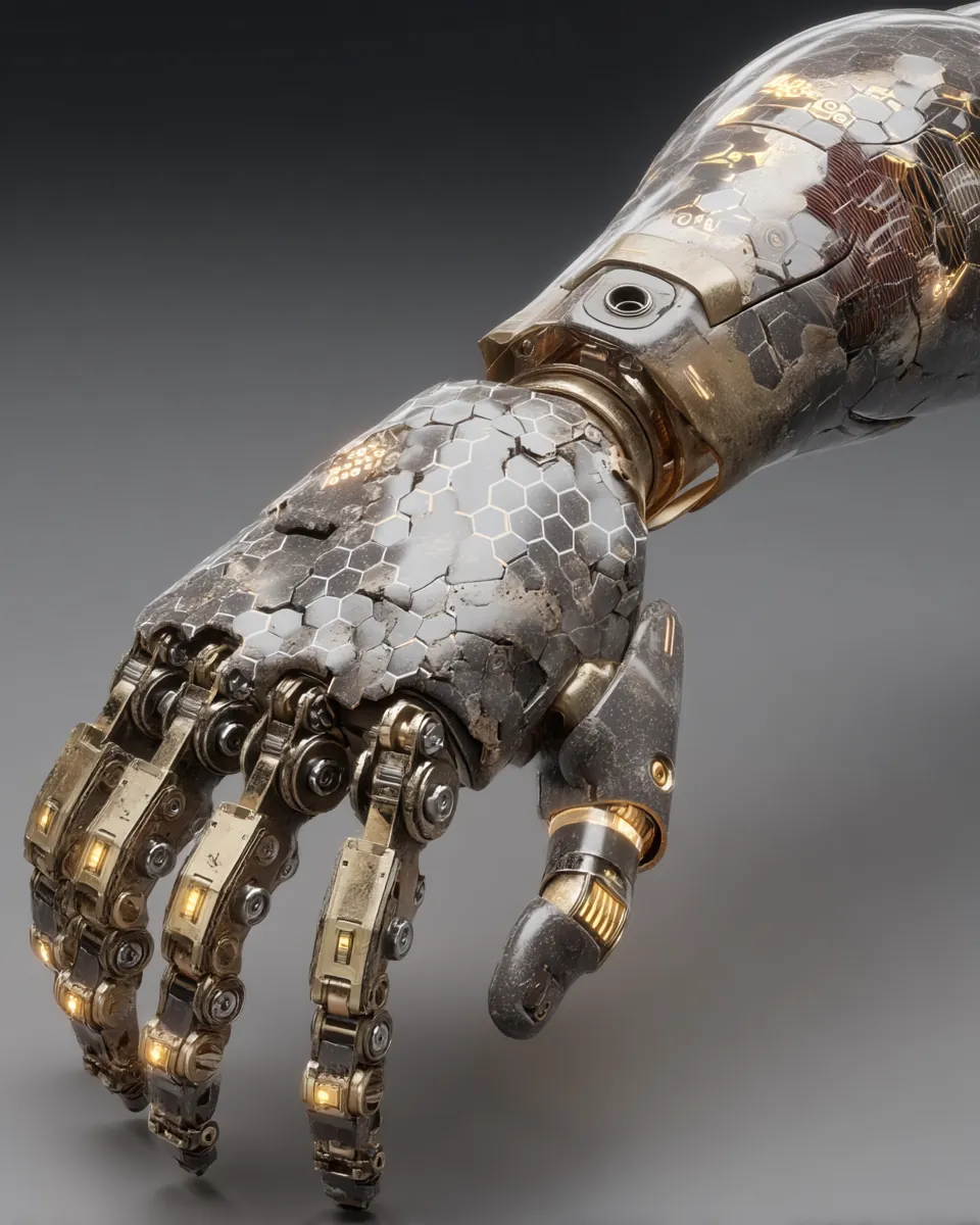 Cybernetic prosthetic arm with exposed servos and carbon fiber plating