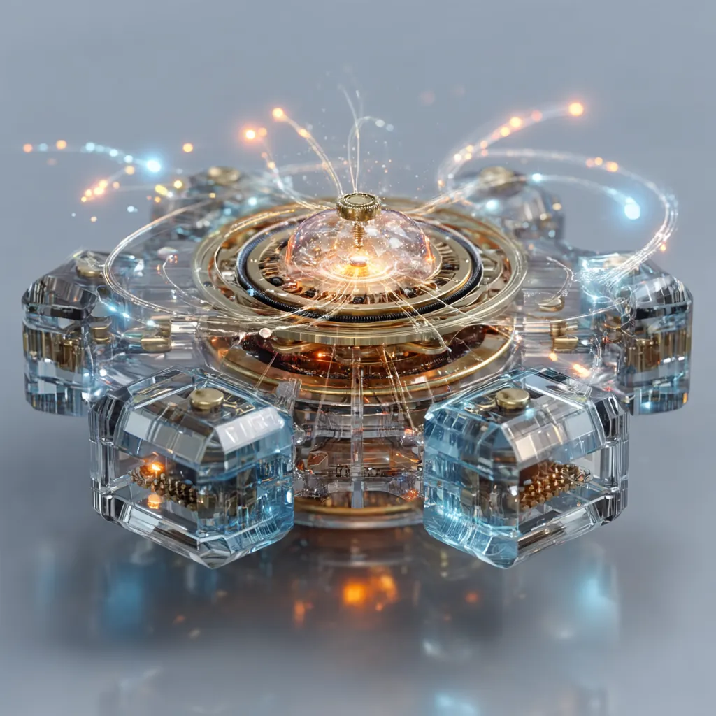 Quantum computing core with floating crystalline processors and energy fields