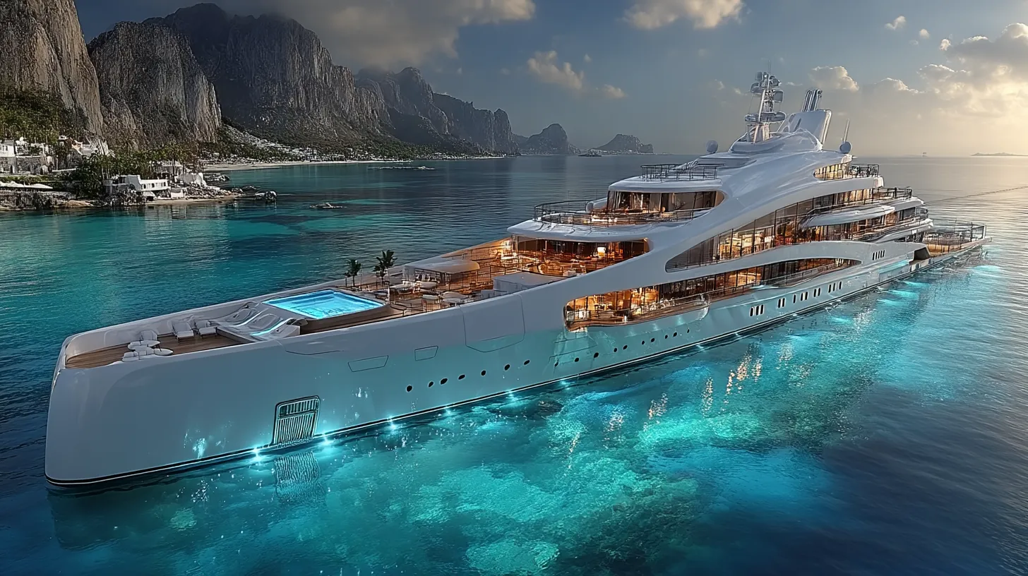 Modern luxury super-yacht in Mediterranean setting with sleek white hull and multiple decks and expansive windows and sun lounging areas photographed from water-level perspective with clear blue water and coastal background