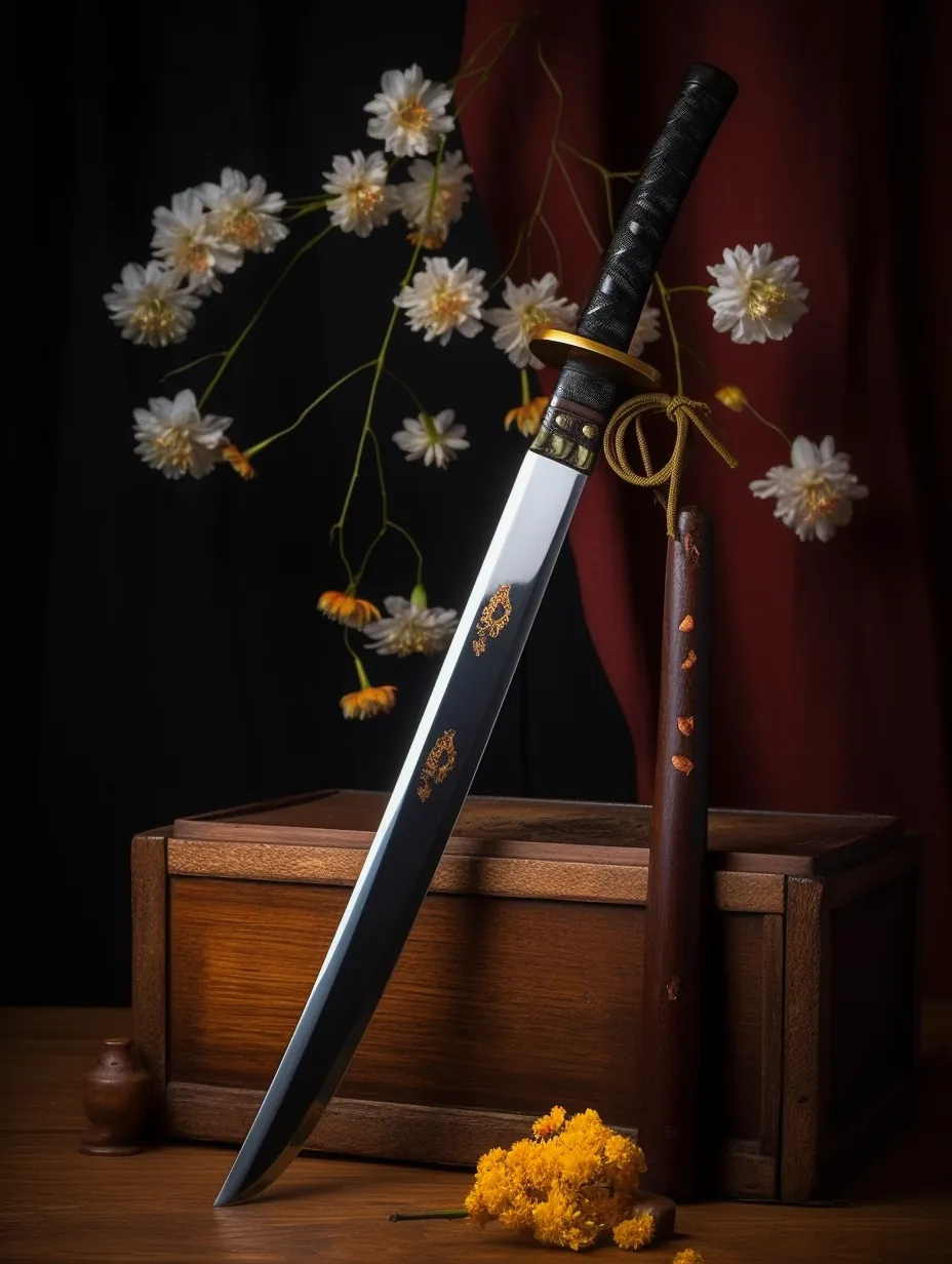 Traditional Japanese katana with folded steel blade, ray skin handle wrap, and ornate tsuba