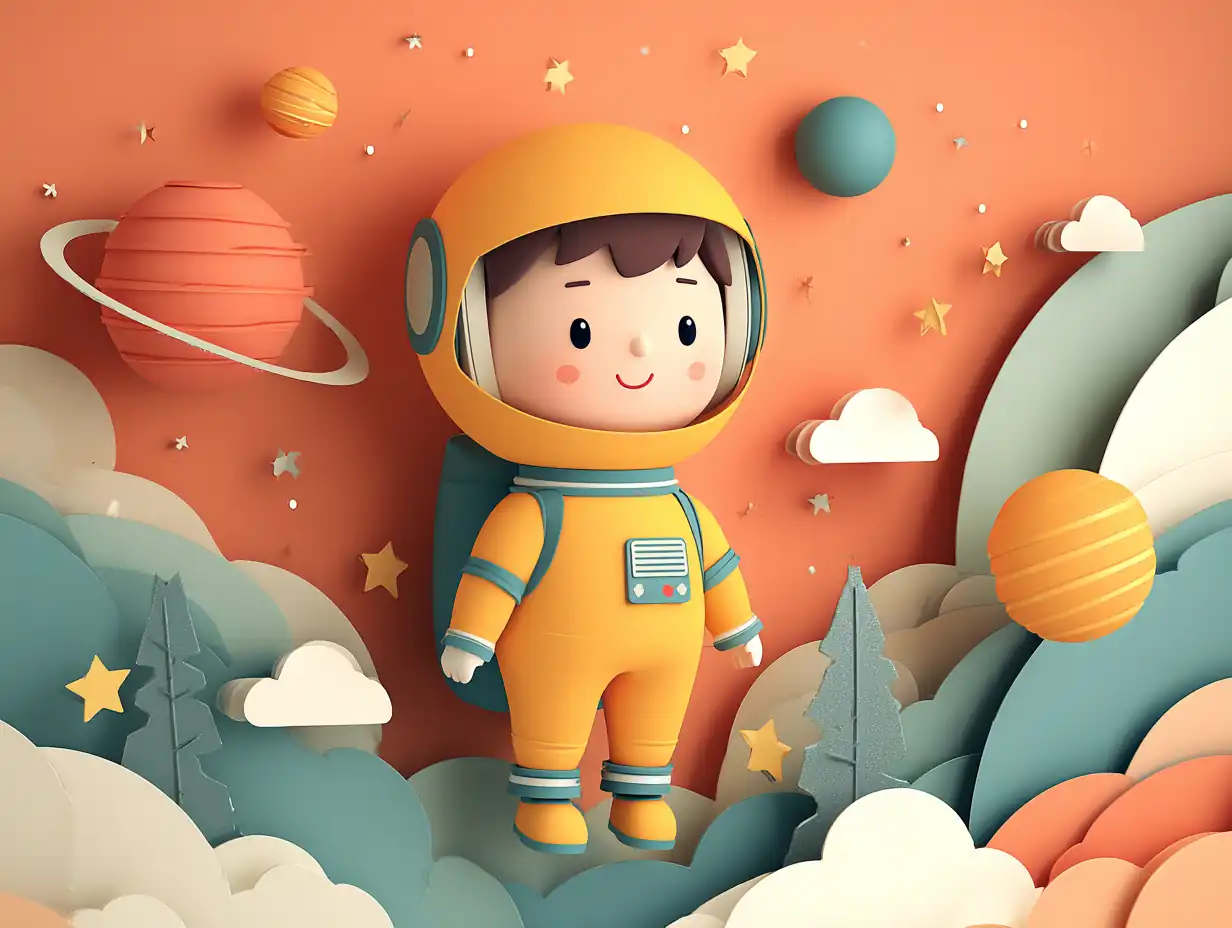 Cheerful astronaut in yellow teal spacesuit