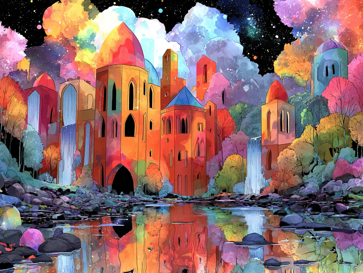Ethereal elven city with luminous watercolor aesthetic