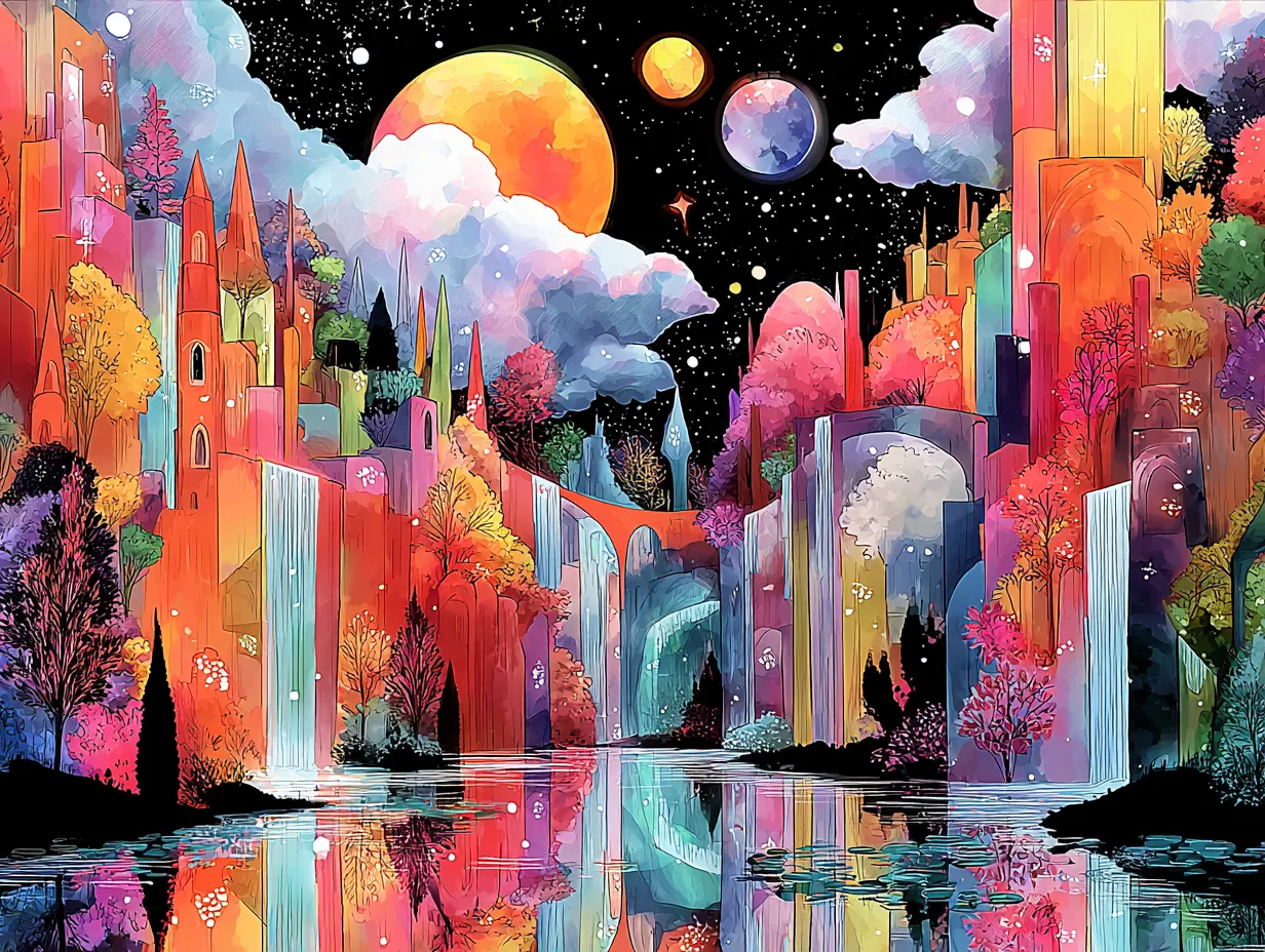 Ethereal elven city watercolor variant