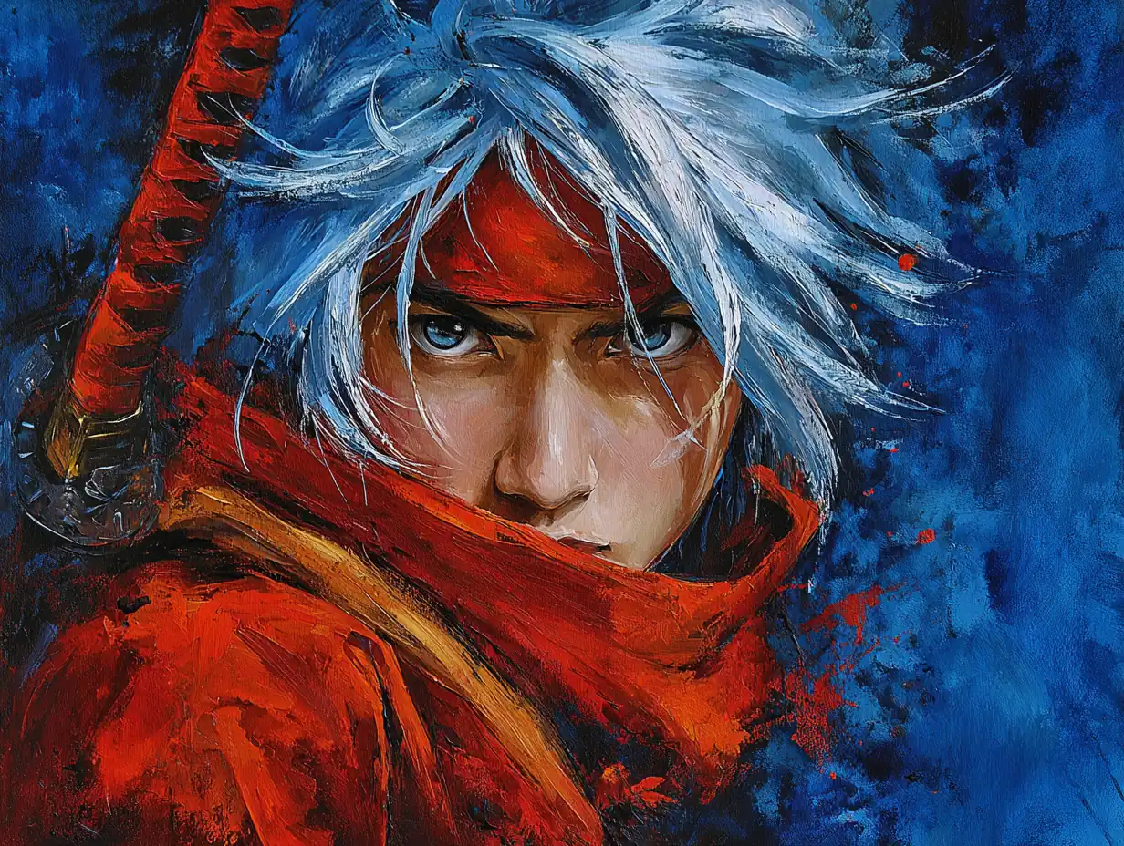 Silver-haired warrior red armor portrait variant