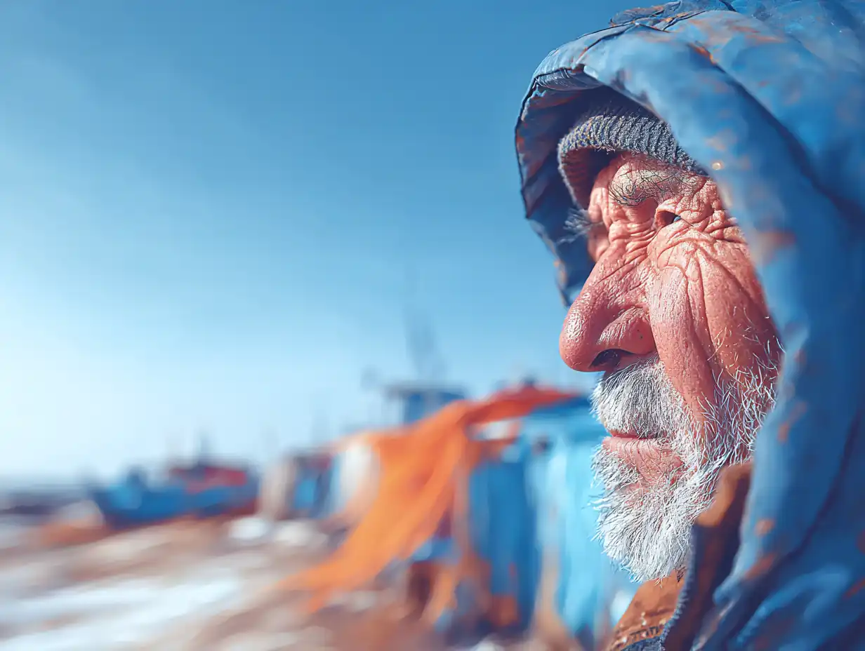 Close-up portrait of an elderly fisherman with weathered skin generated with Midjourney SREF code 178455688