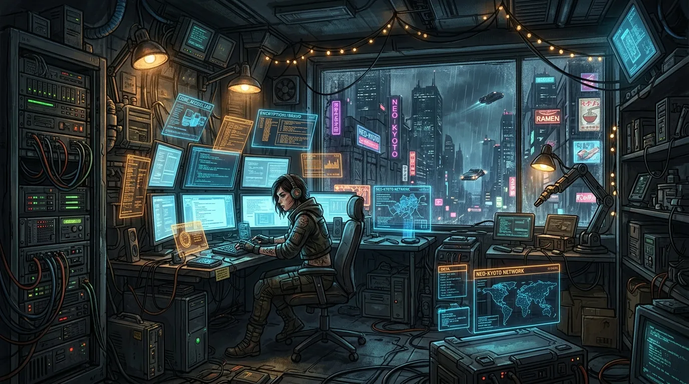 Futuristic hacker den interior with holographic screens and cyan and orange lighting