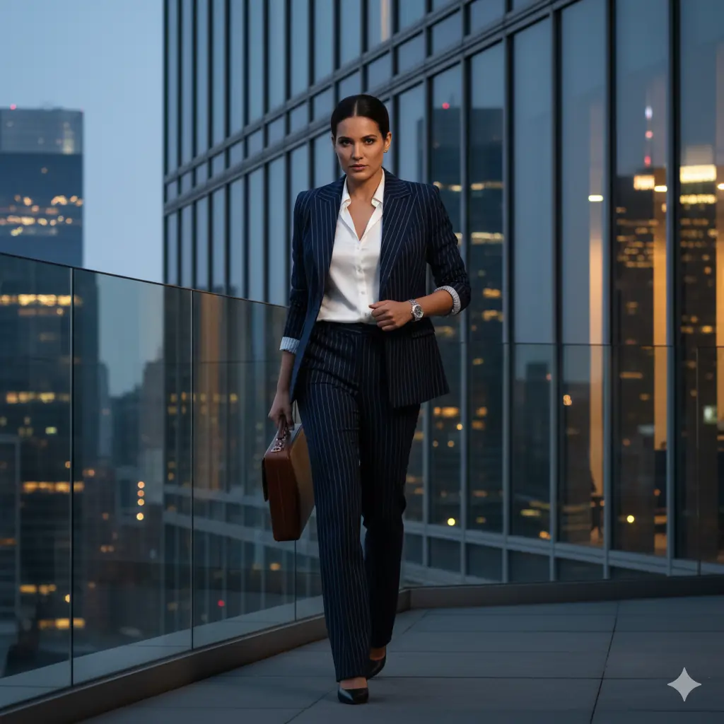 Power dressing corporate fashion shot in modern office exterior with confident stride pose