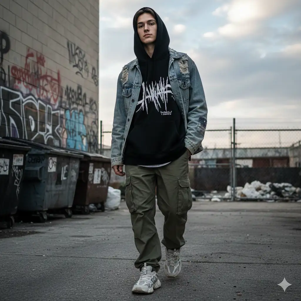 Urban streetwear fashion shot with oversized hoodie and cargo pants in concrete alleyway