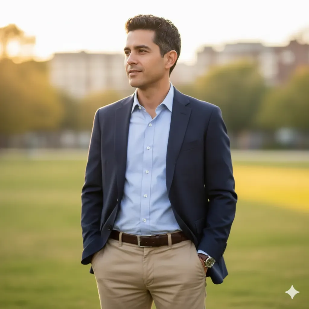 Person wearing navy blazer over light blue oxford shirt with khaki chinos and brown leather loafers