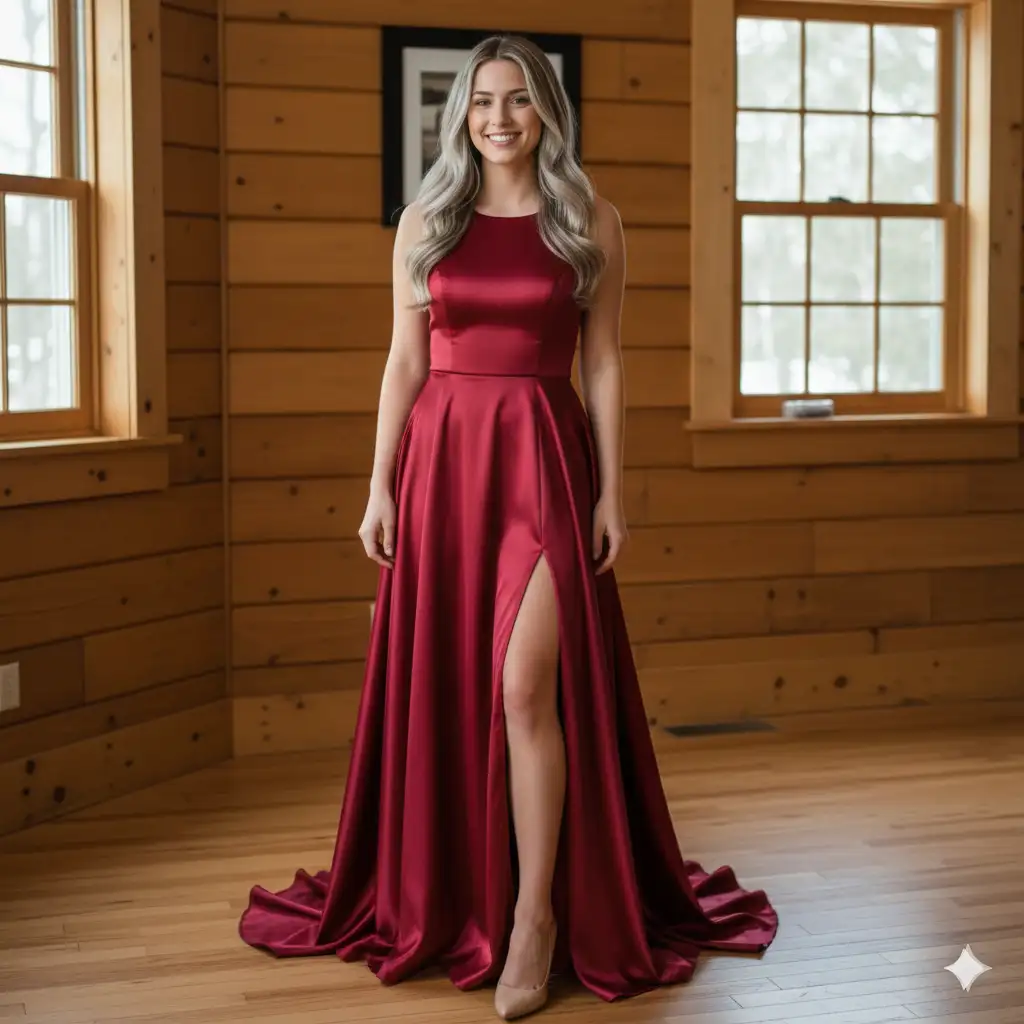 Woman in ruby red halter neck evening gown with flowing satin skirt and floor pooling fabric