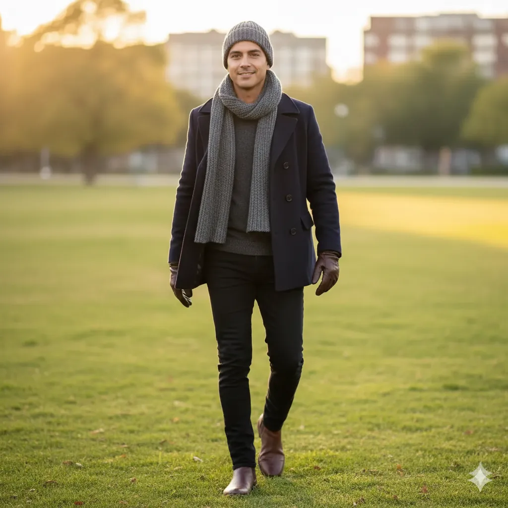 Man in charcoal crew-neck sweater, navy wool peacoat, black jeans, and brown leather boots with beanie and scarf