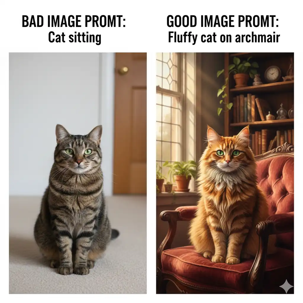 Comparison of two cats with text labels, right cat sitting on misspelled "archmair" instead of armchair