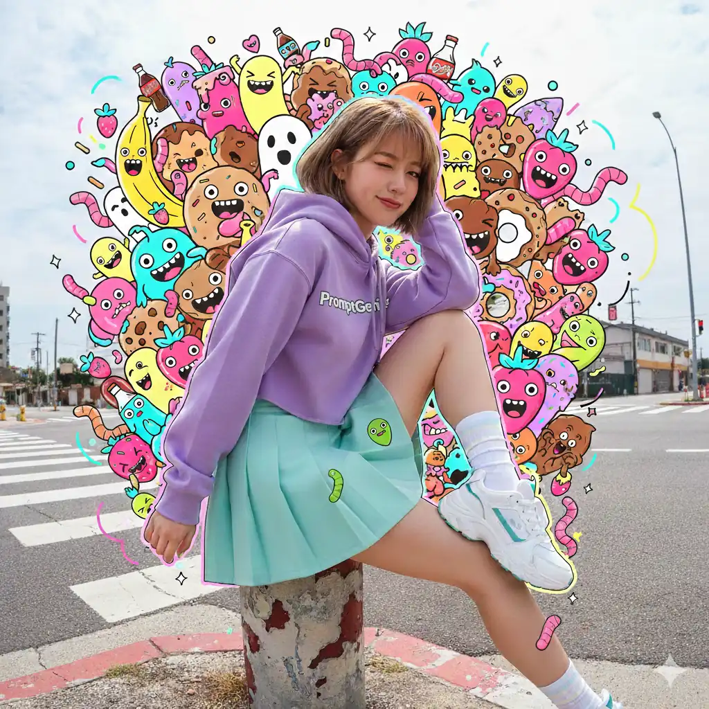 Example of JSON structured prompting: young Asian woman in lavender hoodie and mint skirt sitting on urban street barrier, surrounded by maximalist pop-art sweets-monster illustrations (banana ghosts, donut creatures, strawberry heads) with neon pink, cyan, and lime overlays, demonstrating how JSON organizes complex visual details into clear categories.