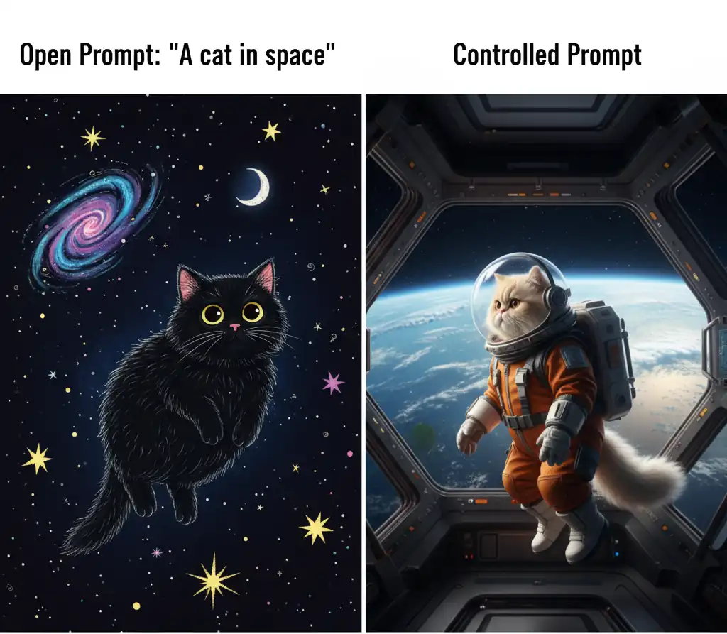 Side-by-side comparison: Left shows a random 'cat in space' (Open Prompt), Right shows a specific 'Persian cat in orange spacesuit in ISS cupola' (Controlled Prompt)