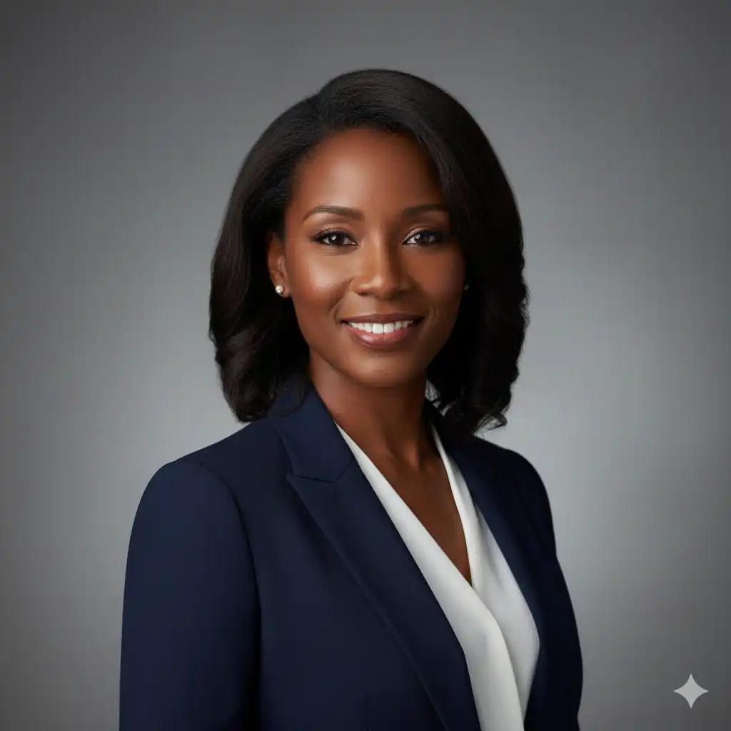 Professional LinkedIn headshot of confident woman in her 30s wearing navy blazer and white blouse with soft warm studio lighting against subtle gray background