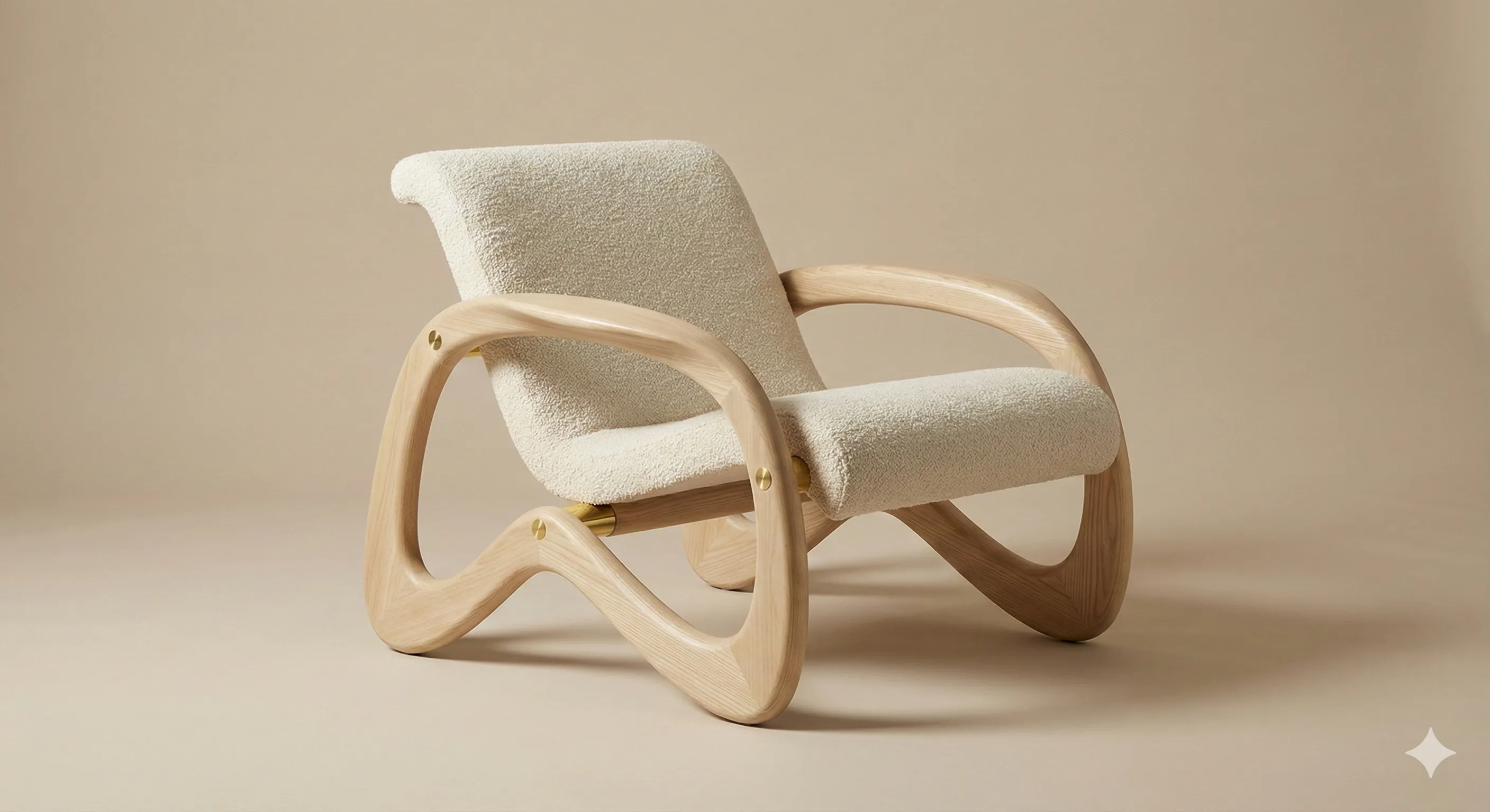 Product photography of a modern sculptural wooden chair