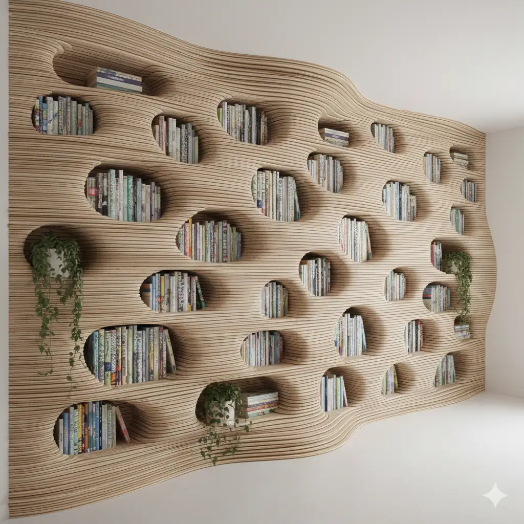 Parametric wooden bookshelf with organic flowing wave pattern covering a wall, layered CNC-cut light birch plywood slices with visible end grain, partially filled with colorful books and potted plants, architectural futuristic design, sculptural shelving system