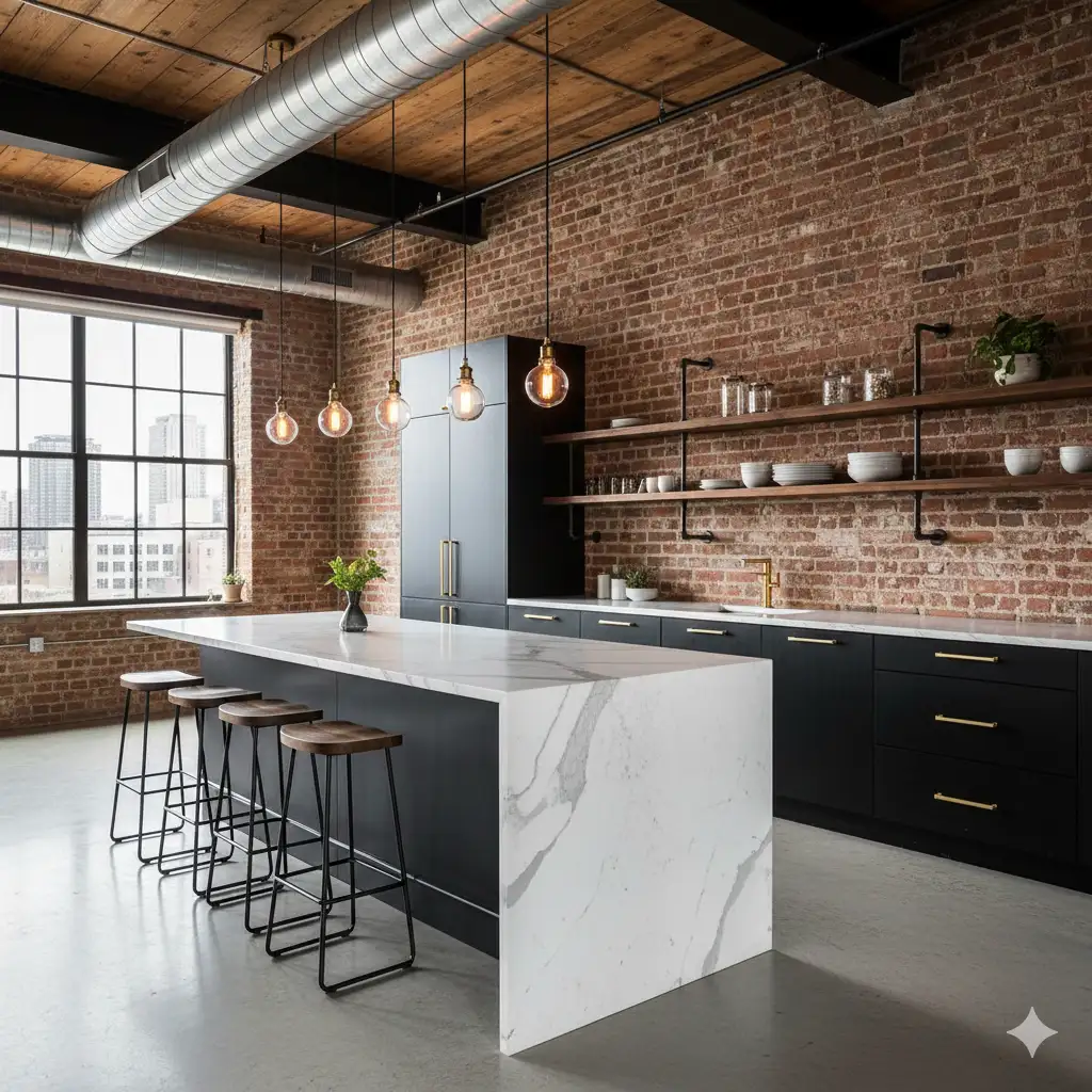 Industrial loft kitchen with urban edgy spacious vibe, exposed brick walls, high ceilings with exposed ductwork, matte black cabinets with brass handles, open pipe and wood shelves, white marble island countertop, Edison bulb pendant lights, raw industrial aesthetic with natural materials and architectural elements