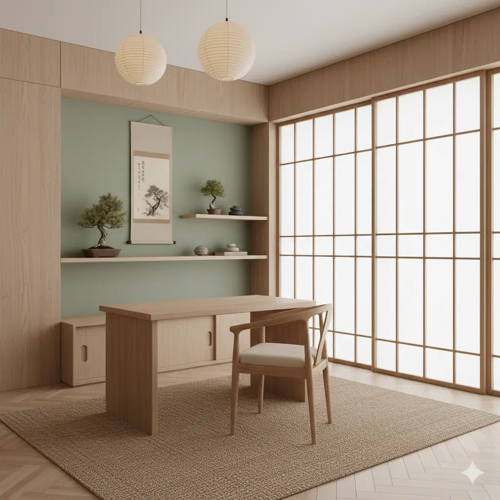 Japandi study room with light wood paneling, natural materials, low wooden desk, tatami texture rug, sliding shoji screen window treatment, single scroll art on accent wall, potted bonsai tree, warm neutral palette with subtle green accents, peaceful contemplative space