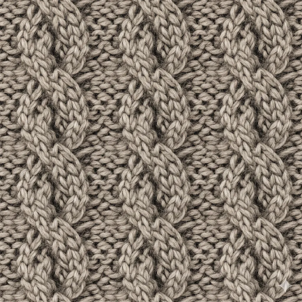 Macro knit fabric texture showing chunky cable knit wool, melange grey with mixed light and dark fibers, visible texture and fuzz, soft diffused lighting, cozy warm winter material for textile and fashion design