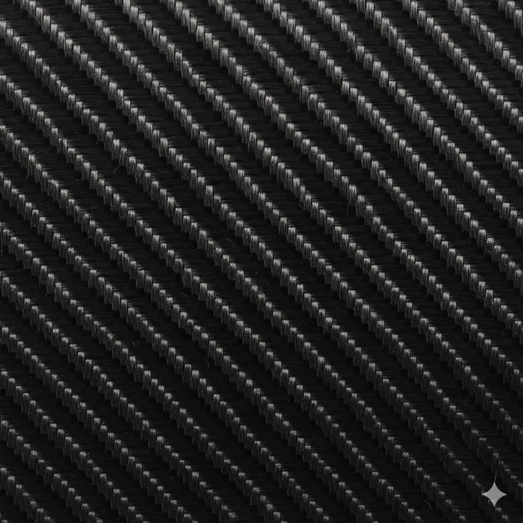 High-resolution carbon fiber weave texture showing 2x2 twill weave pattern, glossy clear coat finish, visible fiber layers beneath resin, sharp reflective highlights, professional automotive material for racing and aerospace design
