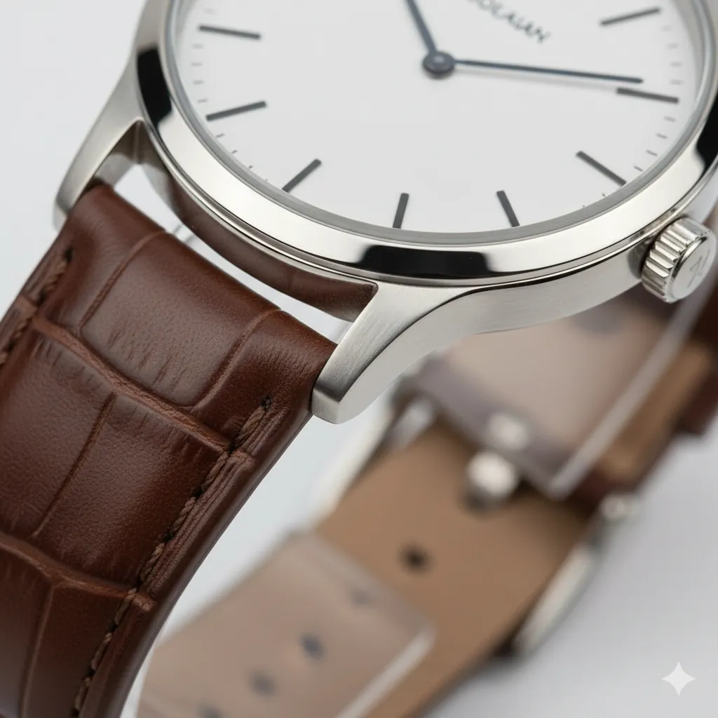 Product feature close-up shot of luxury watch showing dial details, stitched leather band, and polished finish