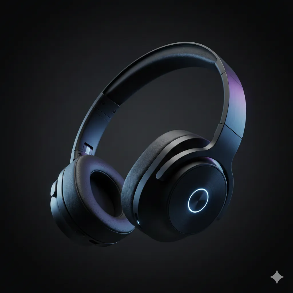 Hero product shot of sleek black wireless headphones with cinematic rim lighting and dark moody gradient background