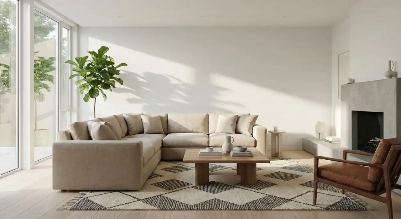 Modern Scandinavian living room interior design with beige sectional sofa, geometric rug, and fiddle leaf fig plant in natural light