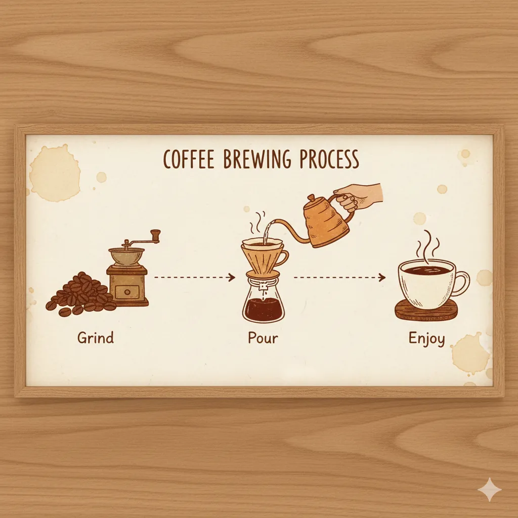 A horizontal timeline infographic showing the Coffee Brewing Process with three steps: Grind (coffee beans), Pour (water pouring), and Enjoy (coffee cup), connected by dotted lines in warm rustic illustration style