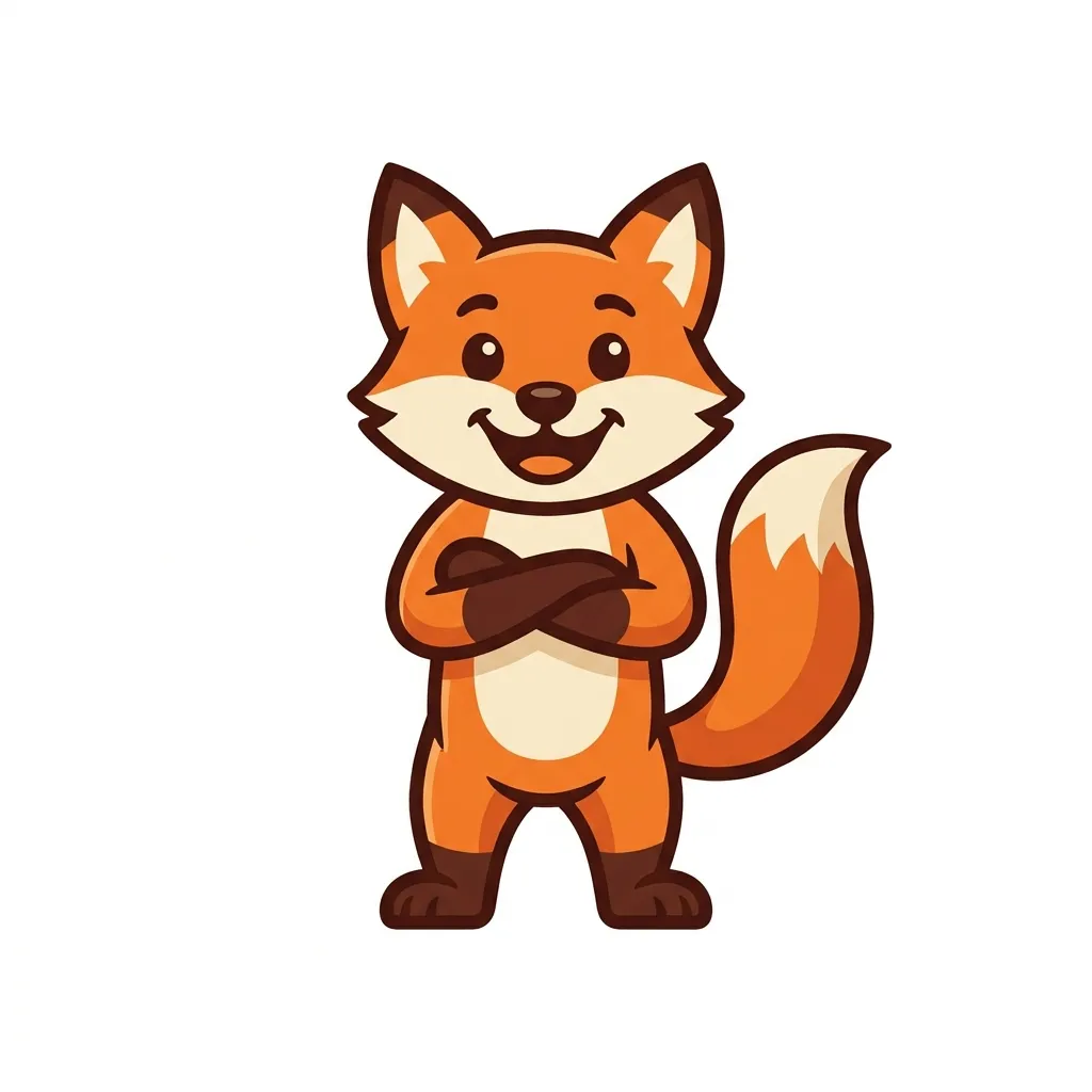 Friendly cartoon fox mascot logo with crossed arms, flat vector style