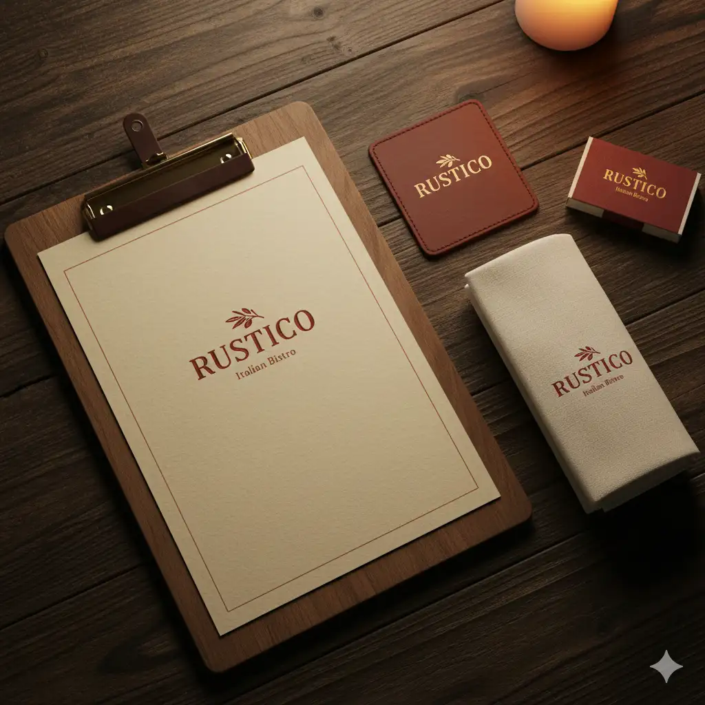 Restaurant branding suite for 'RUSTICO' Italian bistro featuring menu clipboard, coaster, napkin, and matchbox with warm textured paper and leather details arranged on dark wooden table with warm candlelight lighting, premium hospitality brand identity