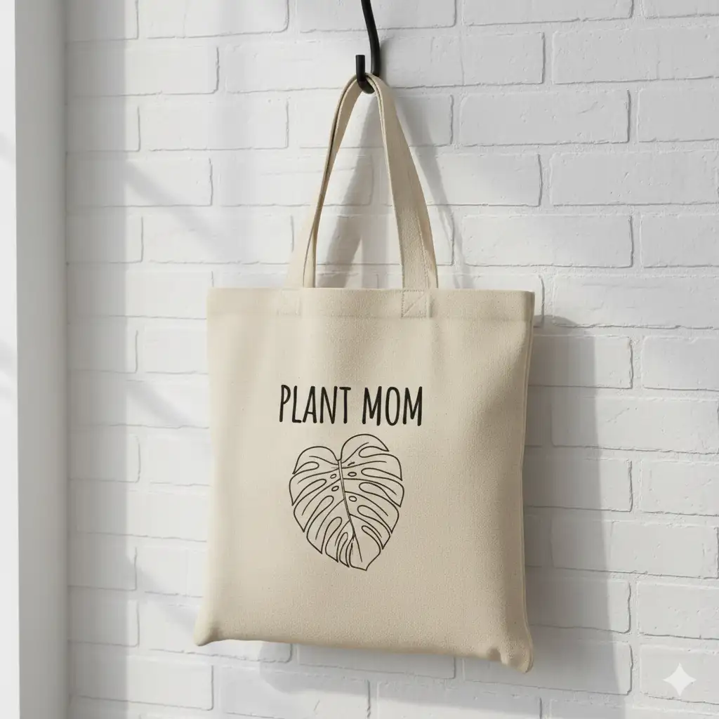 Natural beige canvas tote bag hanging on a hook with 'PLANT MOM' text and monstera leaf illustration, visible canvas fabric weave texture, soft daylight lighting, white brick wall background