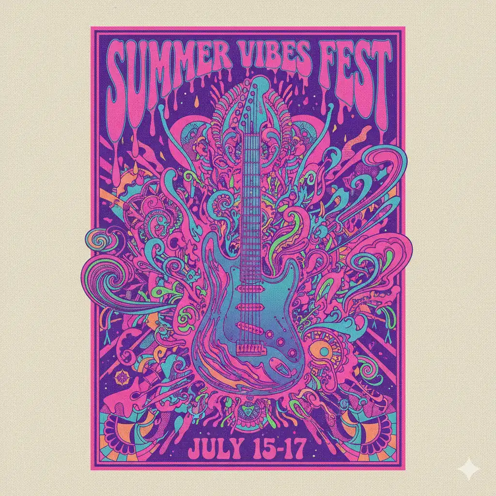 Psychedelic rock concert poster for 'Summer Vibes Fest' featuring a melting electric guitar, colorful swirls in neon pink, purple, and blue, with warped 1960s lettering and vintage screen print texture