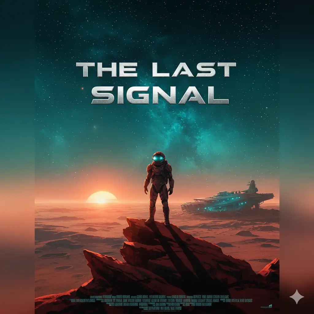 Cinematic sci-fi movie poster titled 'THE LAST SIGNAL' in metallic silver, showing an astronaut on a red alien planet with teal and orange lighting and a billing block at the bottom