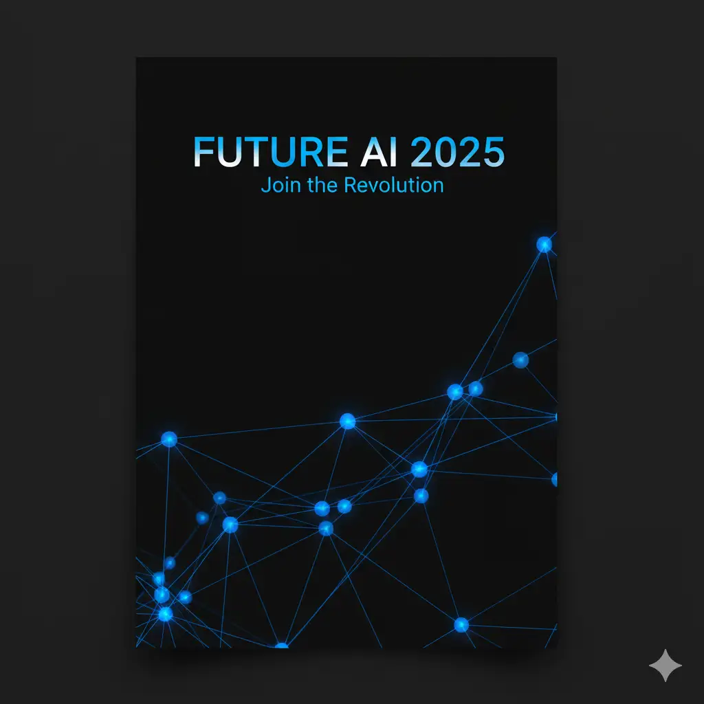 Modern flyer for a tech conference featuring abstract blue network nodes and data streams on a dark background, with the headline 'FUTURE AI 2025' in clean futuristic sans-serif font and subtext 'Join the Revolution' in a minimalist layout
