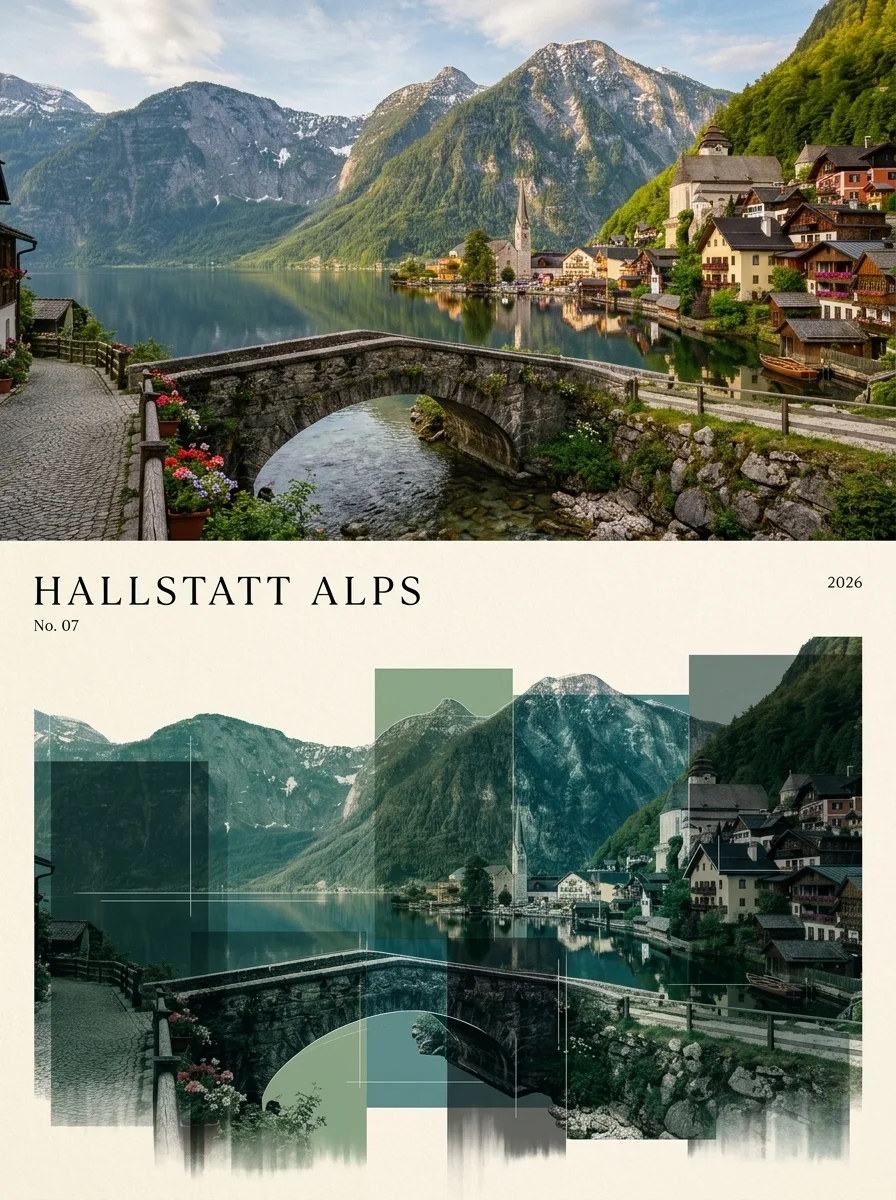 Alpine lakeside village transformed into a 3:4 luxury architectural exhibition poster