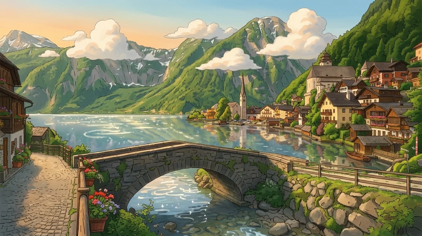 Studio Ghibli style anime background transformation of alpine village