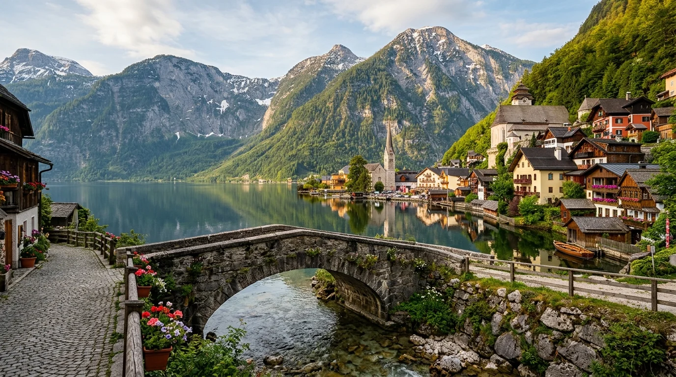 Alpine lakeside village starting image with stone bridge and mountain backdrop