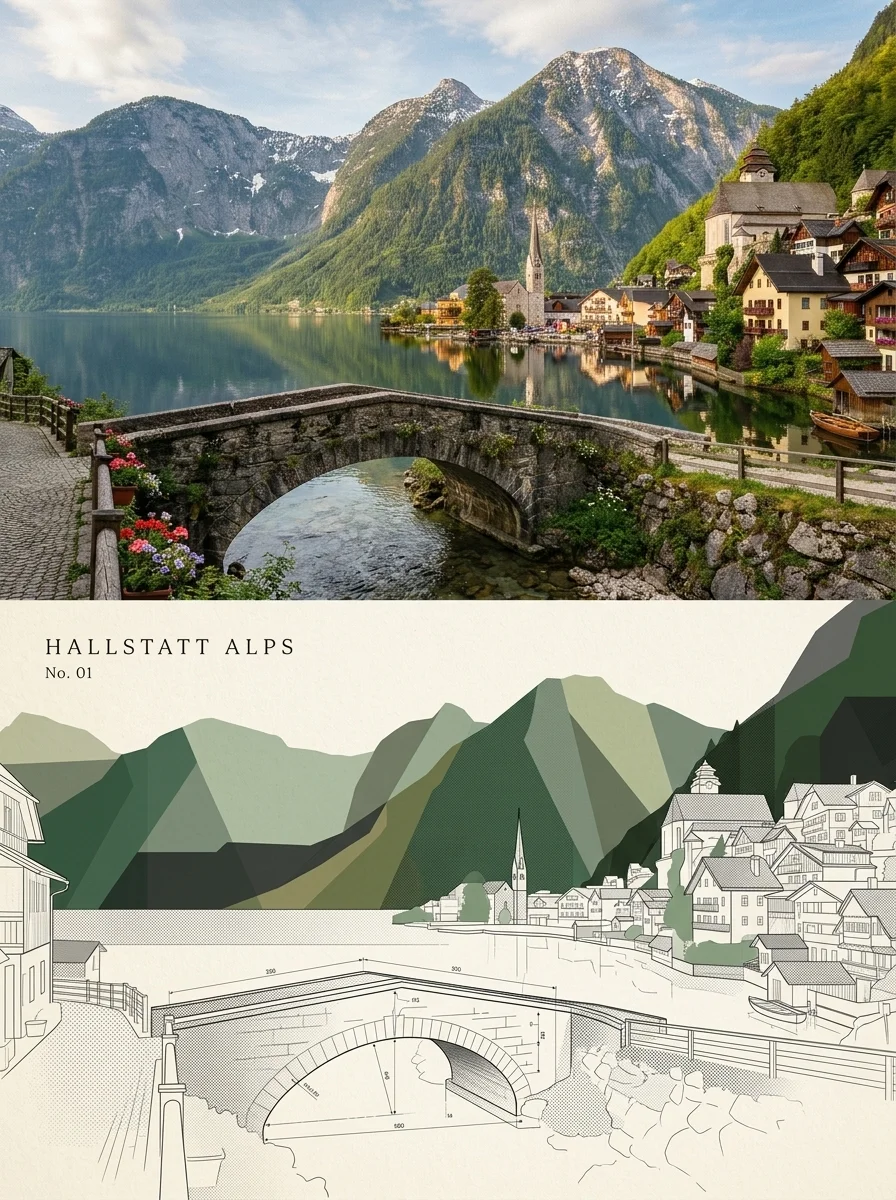 Luxury 50:50 split architectural exhibition poster transforming alpine photo to silkscreen collage