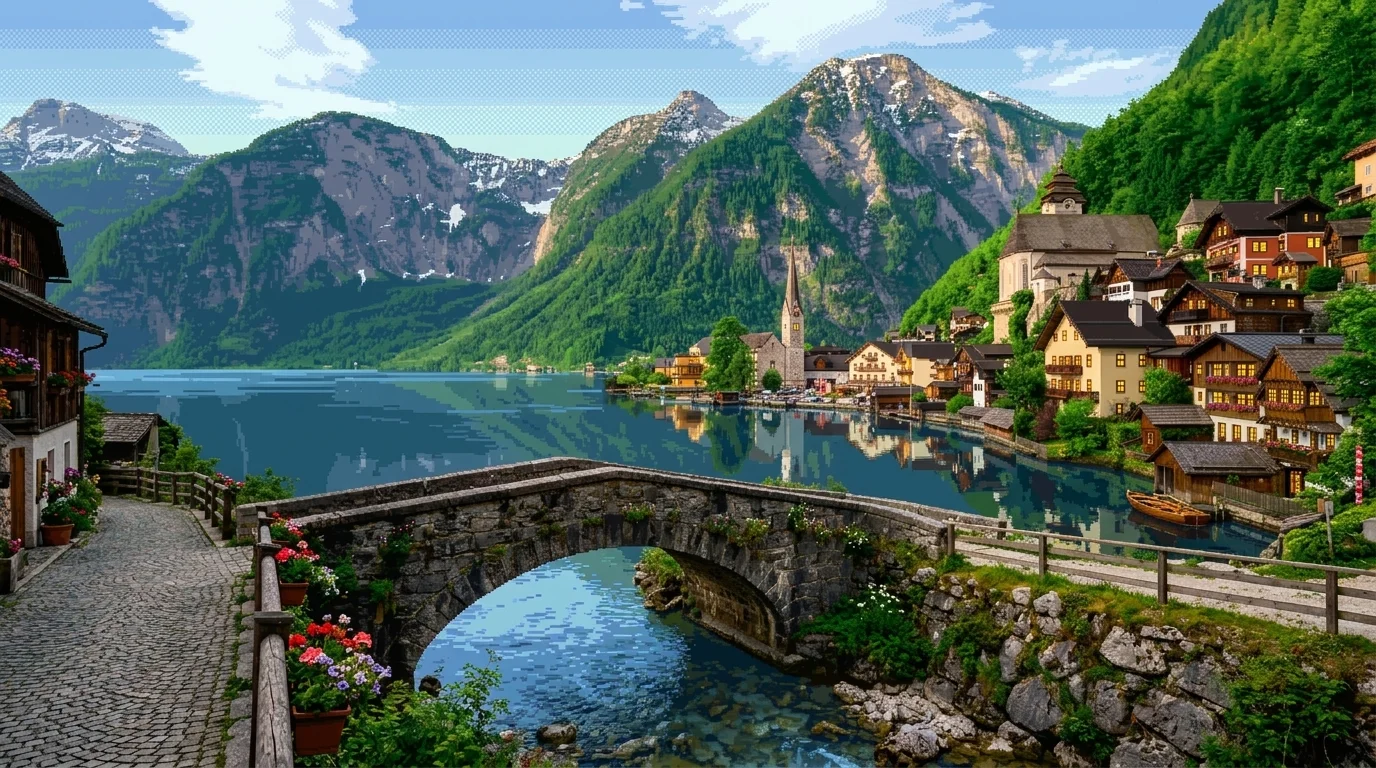 16-bit retro pixel art transformation of alpine lakeside village