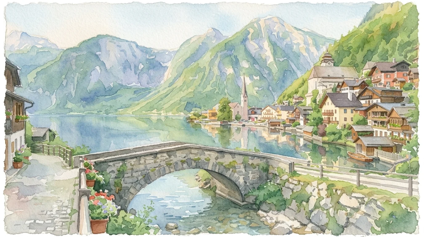 Watercolor painting transformation of alpine village with wet on wet washes