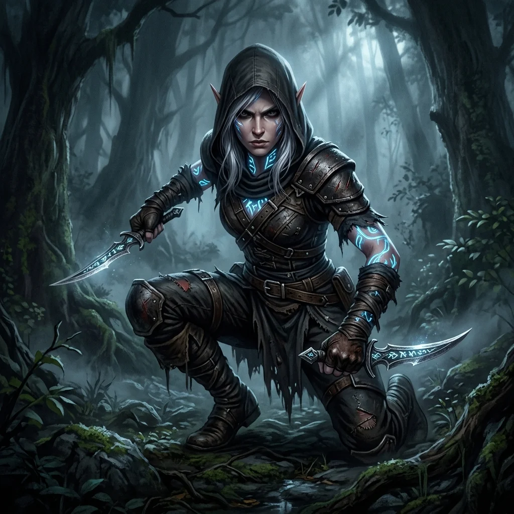 Digital painting of a fantasy rogue elf character in dark leather armor