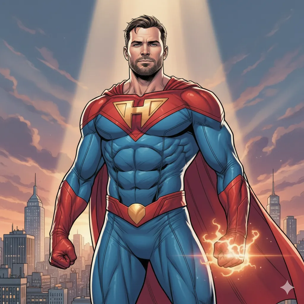 Comic book superhero transformation in Alex Ross painted style with cape