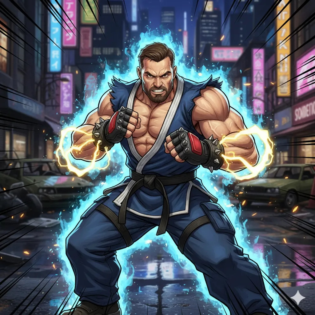 Fighting game character transformation in Street Fighter style with energy aura